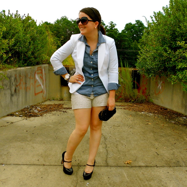 sequin shorts, chambray, + a white blazer