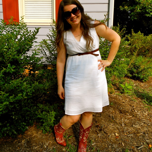 white summer dress, red Shyanne cowboy boots c/o Boot Barn, c/o Anjolee quad-block studs