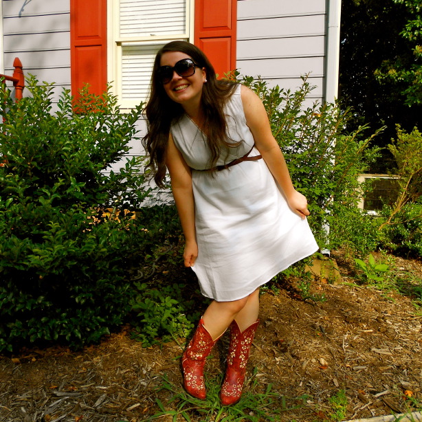 white summer dress, red Shyanne cowboy boots c/o Boot Barn, c/o Anjolee quad-block studs