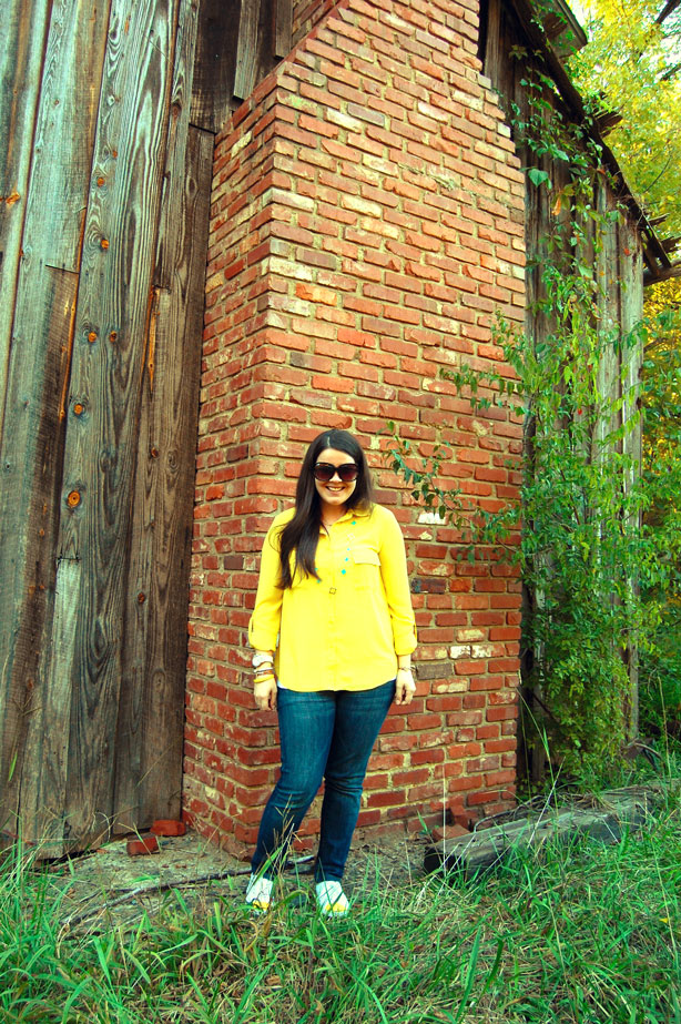 still being molly: yellow OVI blouse, quatrefoil necklace, and jeans