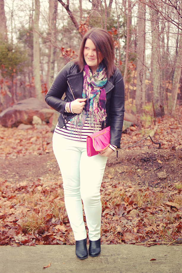 still being molly: mint jeans, Oasap leather jacket, striped tee, and floral scarf
