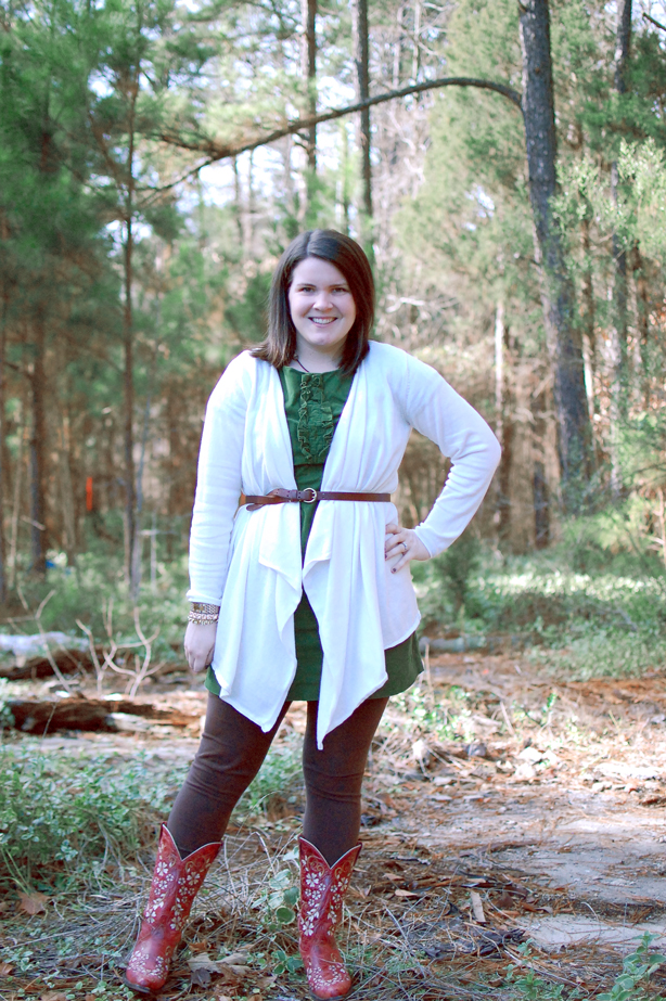still being molly: Shyanne Boots from Boot Barn, leggings, green dress, and belted Old Navy cream wrap sweater