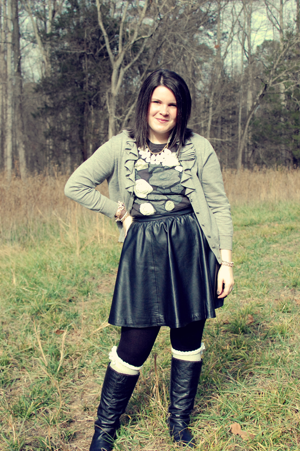 still being molly: leather skirt, boots, grey sweater