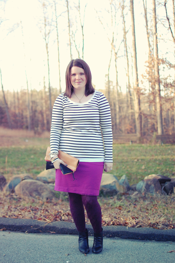 still being molly: Stylemint striped tee, Glow Kouture fold-over clutch, purple pencil skirt, purple patterned No Nonsense tights, black wedge boots