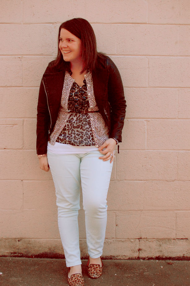 still being molly: mint jeans, mixed leopard print, leather jacket, black bubble necklace