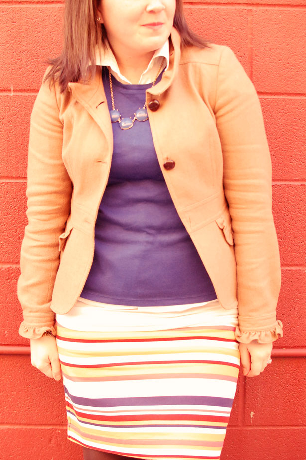 still being molly: striped skirt, cobalt tee, brown jacket, brown boots, three-bubble necklace