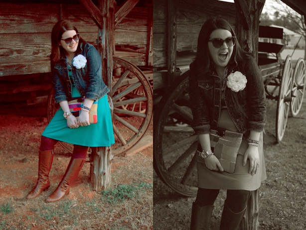 still being molly: Old Navy emerald green jersey dress, jean jacket, Kate Space clutch, boots