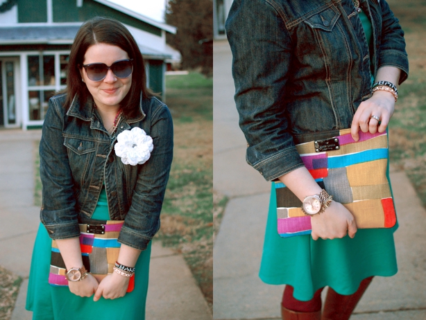 still being molly: Old Navy emerald green jersey dress, jean jacket, Kate Space clutch, boots