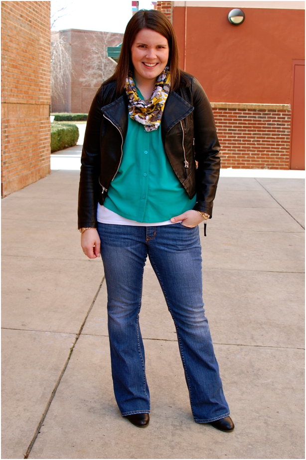 still being molly: maternity style - emerald blouse, leather jacket, ikat infinity scarf, Gap maternity jeans, wedges