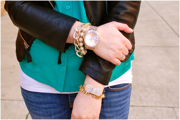 still being molly: maternity style - emerald blouse, leather jacket, arm party