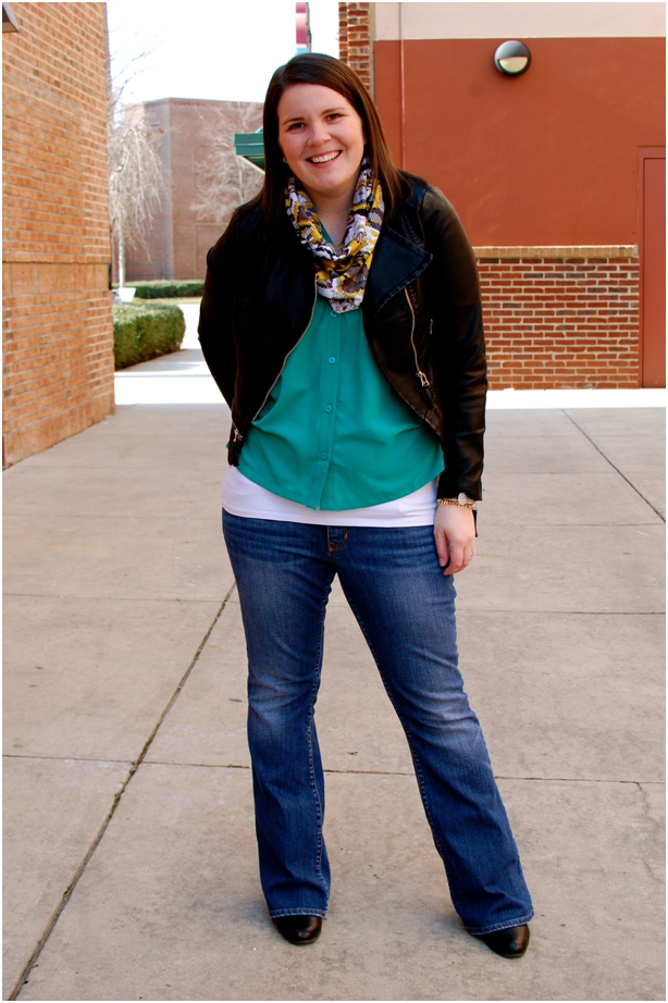 still being molly: maternity style - emerald blouse, leather jacket, ikat infinity scarf, Gap maternity jeans, wedges