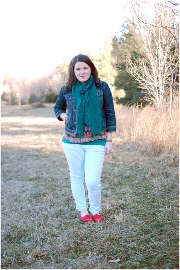 still being molly: 12 Week Maternity Style - mint jeans, denim jacket, patterned blouse, emerald scarf, red TOMS