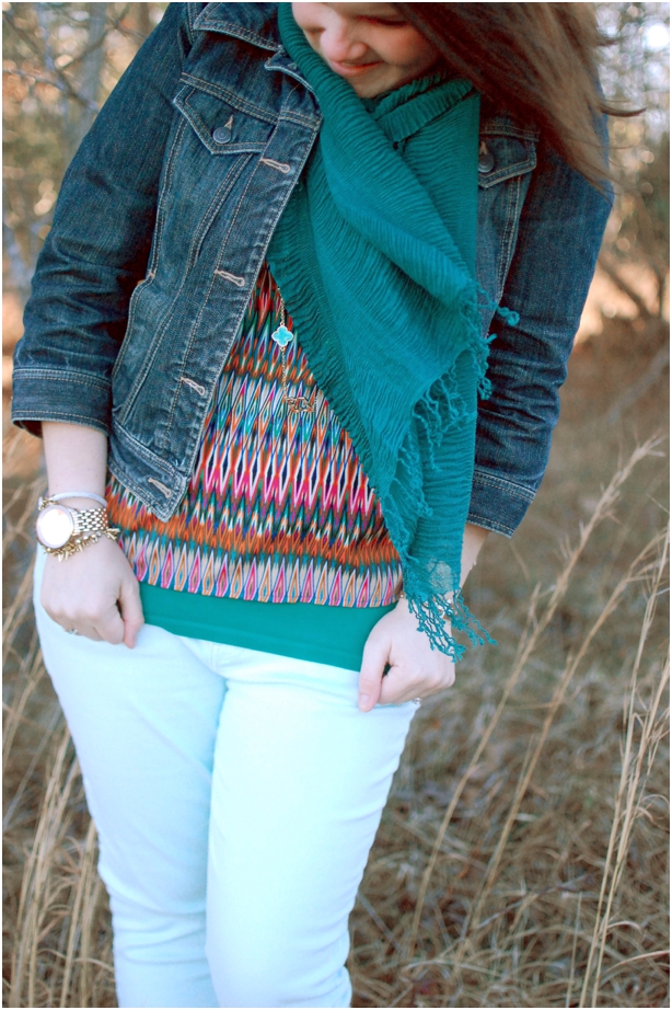 still being molly: 12 Week Maternity Style - mint jeans, denim jacket, patterned blouse, emerald scarf, red TOMS