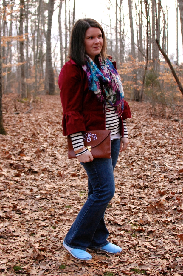 still being molly: oxblood peplum jacket, floral scarf, striped tee, jeans, Carolina TOMS