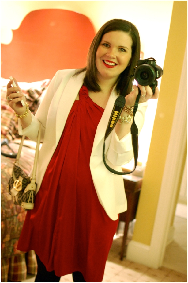 still being molly: red silk dress, white blazer, black heels