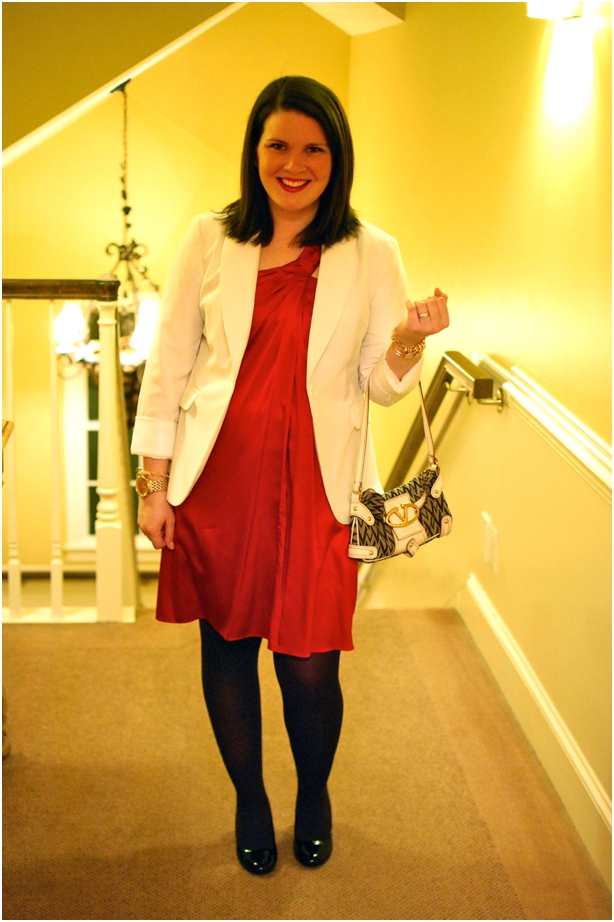 still being molly: red silk dress, white blazer, black heels