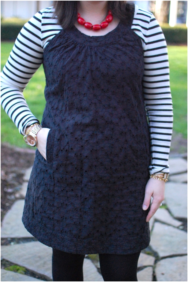 still being molly: summer dress in winter - black dress with striped tee underneath