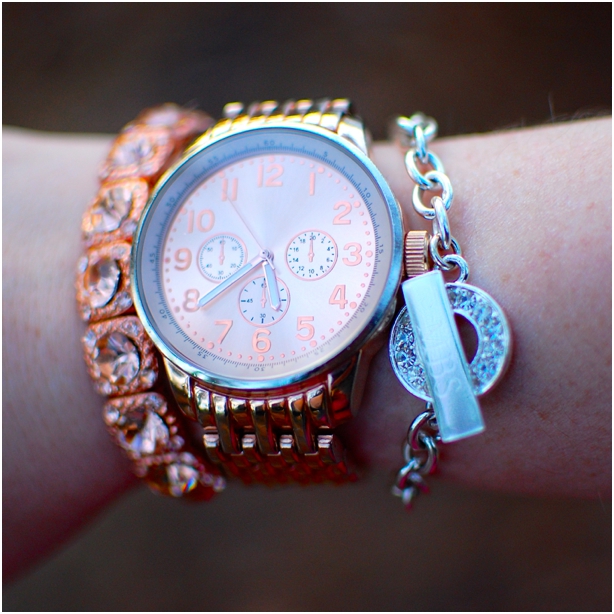 InPink bracelet, Target watch, and American Bridal rhinestone monogrammed bracelet