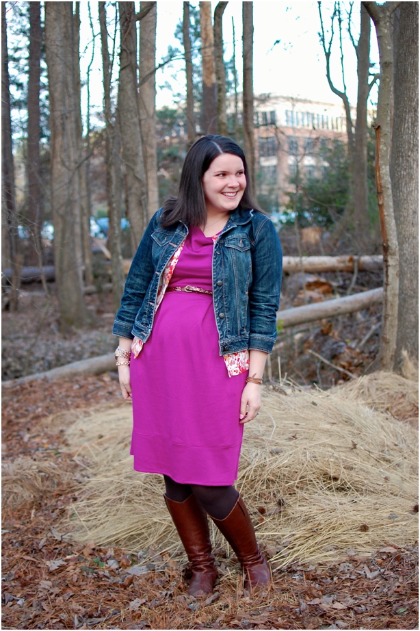 still being molly - maternity style: Target maternity dress, cardigan, denim jacket, and boots
