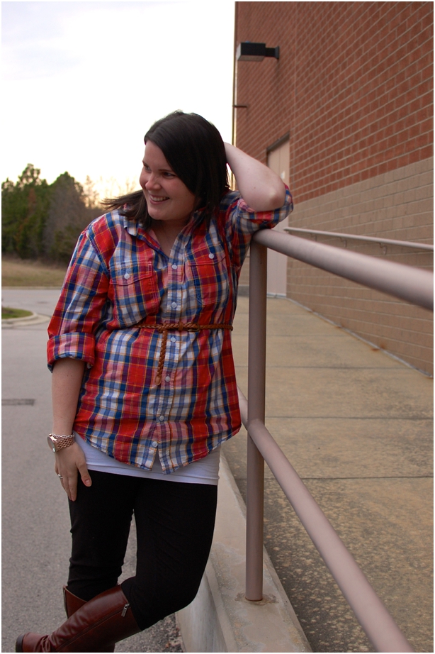 still being molly - maternity style: men's button-up shirt, belt, leggings, riding boots