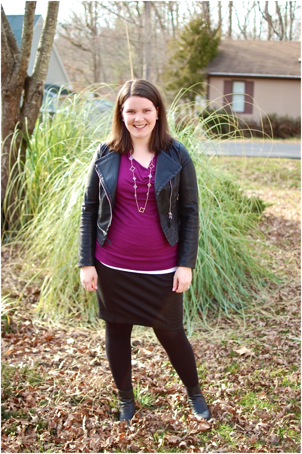 still being molly - maternity style: everyday icing quatrefoil necklace, purple top, leather jacket, maternity pencil skirt