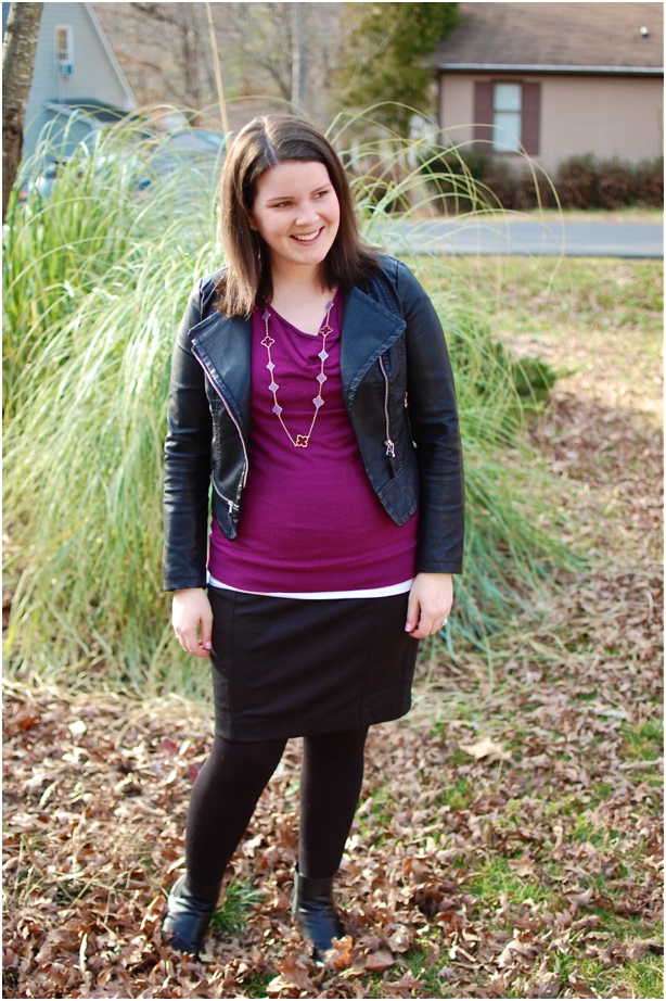 still being molly - maternity style: everyday icing quatrefoil necklace, purple top, leather jacket, maternity pencil skirt
