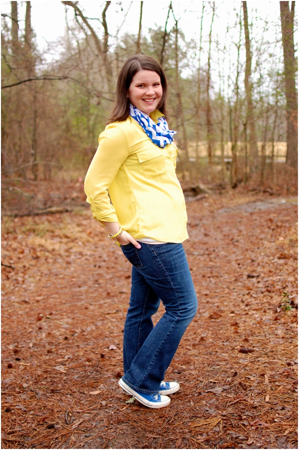 still being molly - maternity style: still being molly - maternity style: yellow OVI blouse, Gap jeans, Ooh Baby Designs cobalt chevron scarf, and cobalt chuck taylors