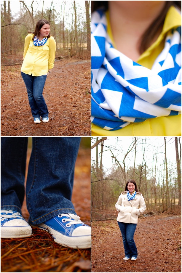 still being molly - maternity style: still being molly - maternity style: yellow OVI blouse, Gap jeans, Ooh Baby Designs cobalt chevron scarf, and cobalt chuck taylors