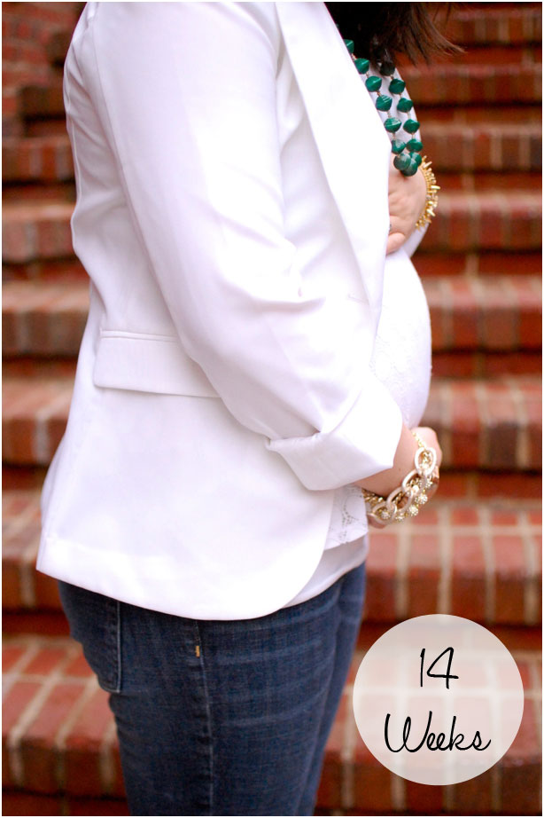 still being molly - maternity style: white blazer, white lace tank, jeans, Mighty River Project necklace, Kate Spade patchwork clutch