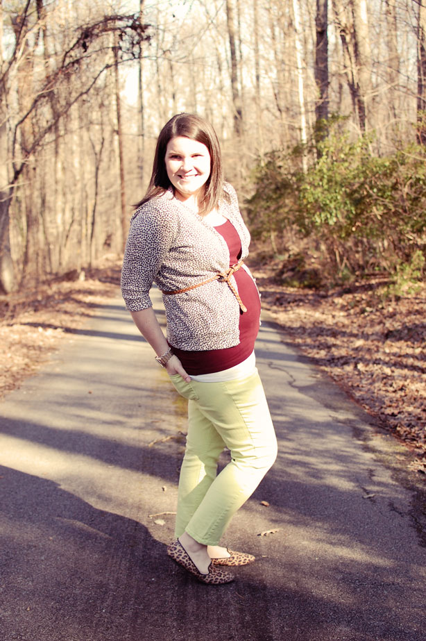 still being molly maternity style: lime jeans, leopard flats, belted leopard cardigan, oxblood tank