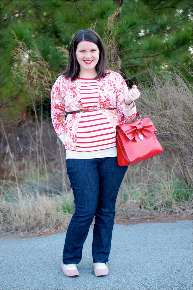 still being molly maternity style: belted floral cardigan, striped shirt, red bow bag, jeans, and flats