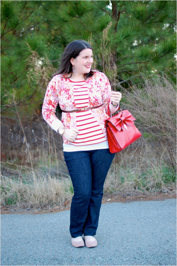 still being molly maternity style: belted floral cardigan, striped shirt, red bow bag, jeans, and flats