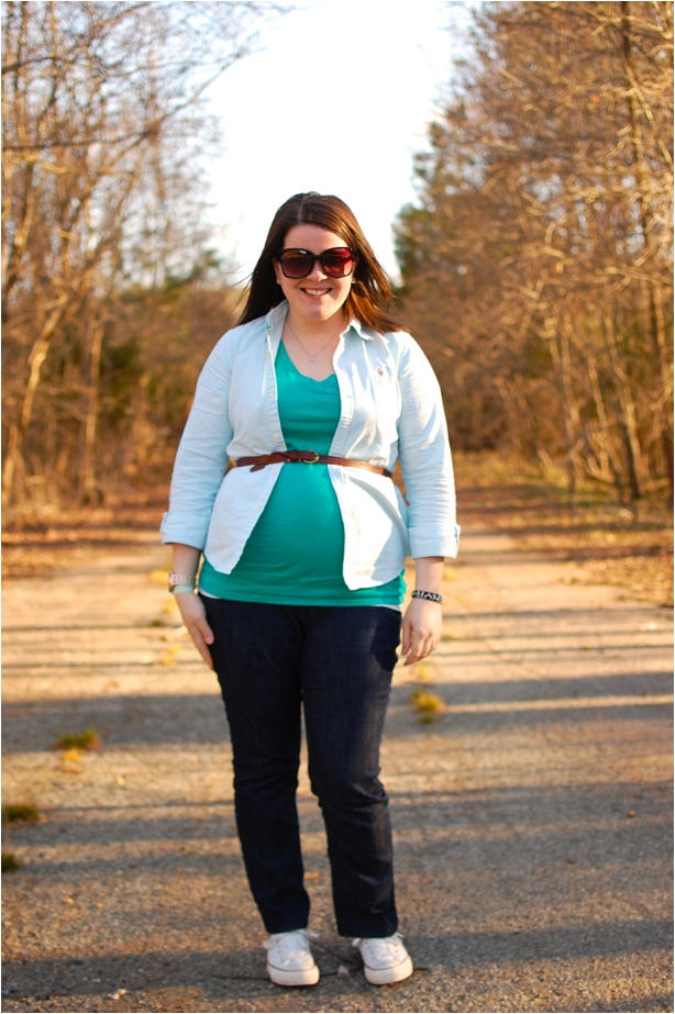still being molly spring maternity style: belted mint green oxford, maternity jeans, converse