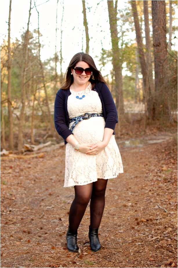 still being molly maternity style: lace dress, navy cardigan, vera bradley belt