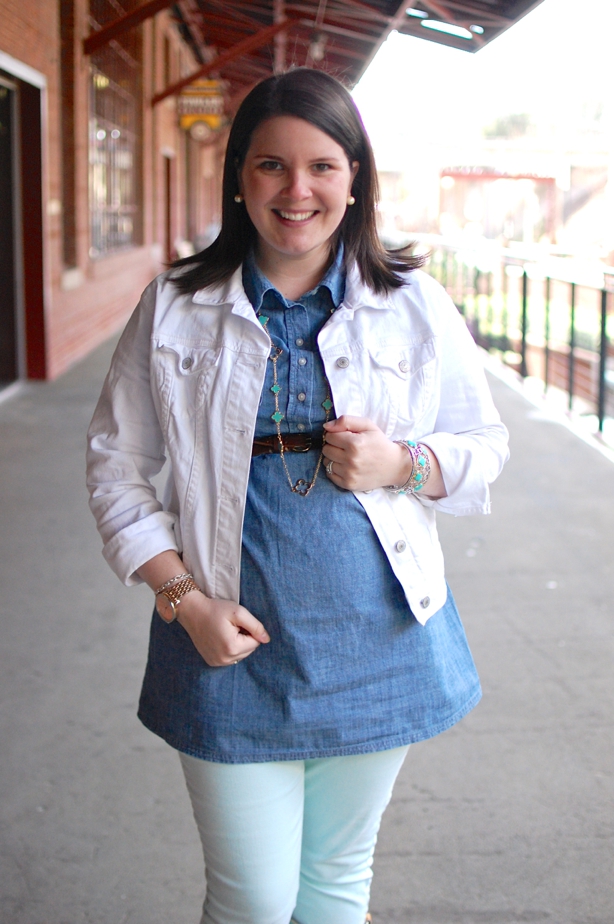 still being molly maternity style: mint jeans, mint cowboy boots, chambray tunic, white denim jacket