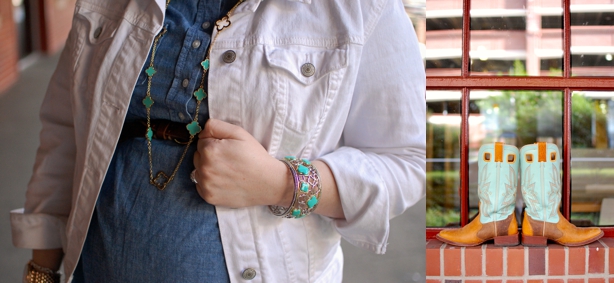 still being molly maternity style: mint jeans, mint cowboy boots, chambray tunic, white denim jacket