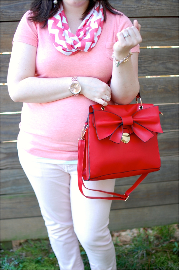 still being molly - maternity style: coral v-neck, pink jeans, chevron scarf, red bow bag