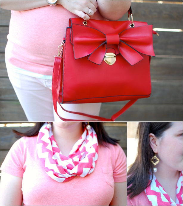still being molly - maternity style: coral v-neck, pink jeans, chevron scarf, red bow bag