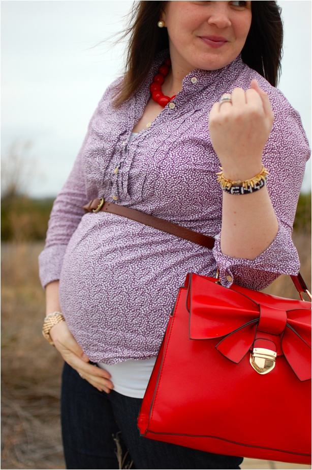 still being molly - maternity style: purple blouse, maternity jeans, red TOMS, red bow bag