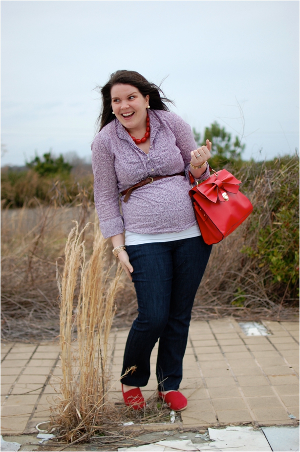 still being molly - maternity style: purple blouse, maternity jeans, red TOMS, red bow bag
