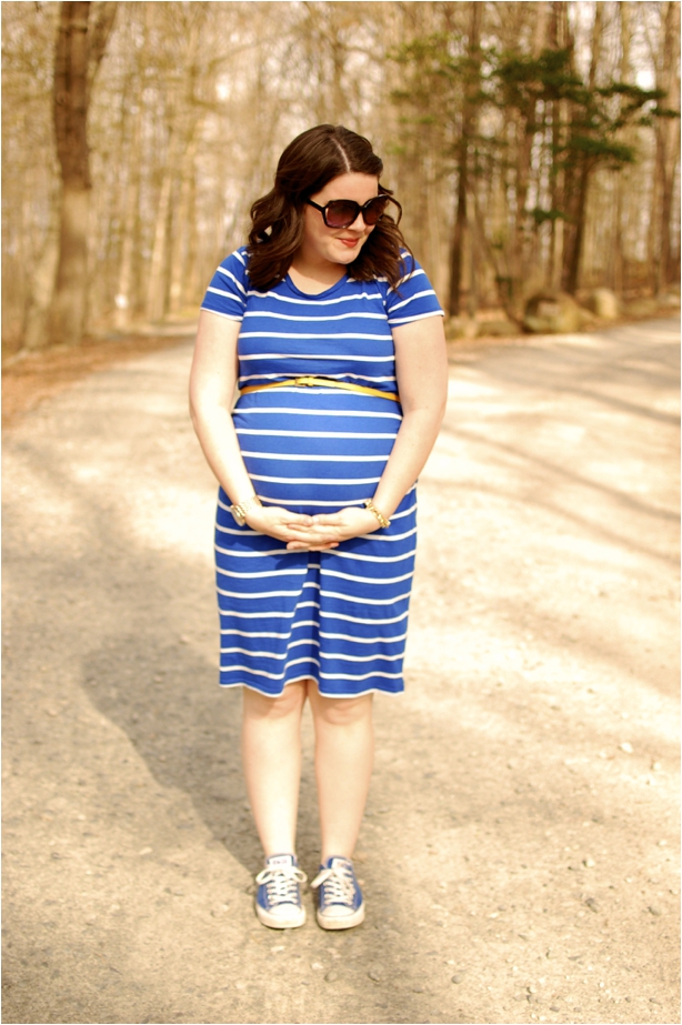 second trimester maternity style - cobalt and white striped Old Navy jersey dress, yellow belt, cobalt Converse Chuck Taylor's - North Carolina Fashion Blogger