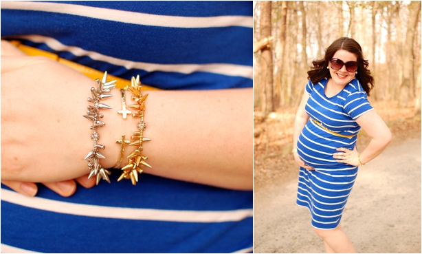 second trimester maternity style - cobalt and white striped Old Navy jersey dress, yellow belt, cobalt Converse Chuck Taylor's - North Carolina Fashion Blogger