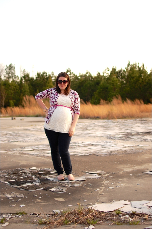 maternity style - lace maternity blouse, pink and purple printed cardigan, skinny maternity cords