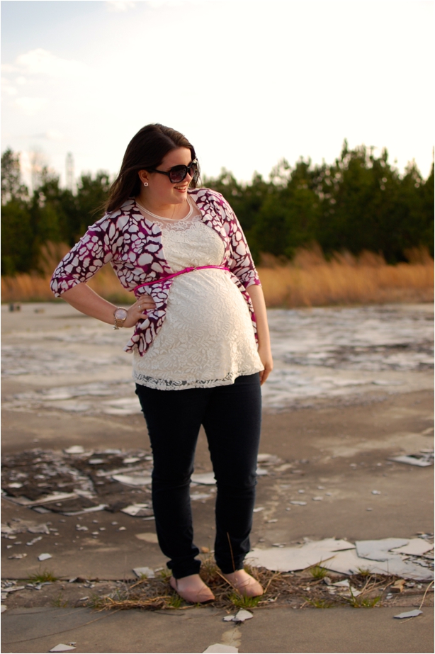 maternity style - lace maternity blouse, pink and purple printed cardigan, skinny maternity cords