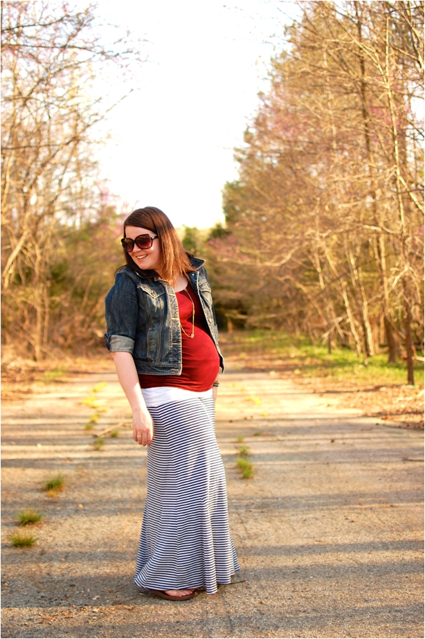 maternity style - striped maxi skirt, oxblood tank, denim jacket - North Carolina Fashion Blogger
