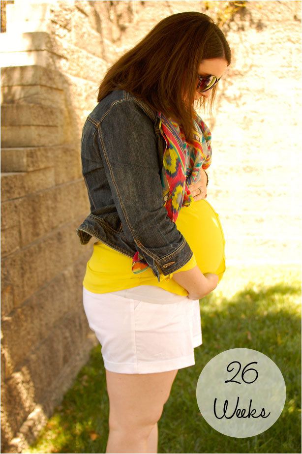 maternity style: yellow blouse, white shorts, ikat tribal scarf, denim jacket - North Carolina Fashion Blogger
