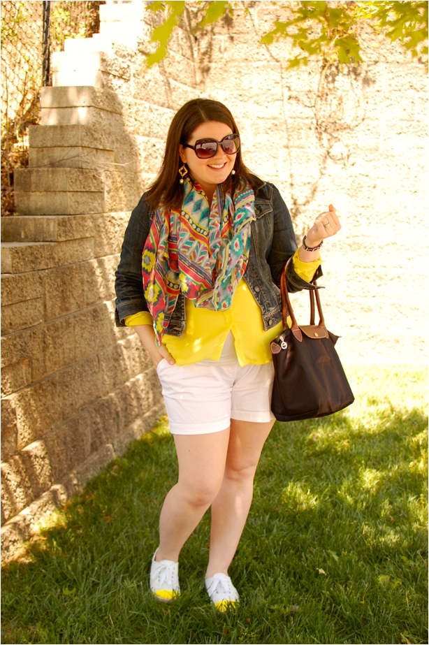 maternity style: yellow blouse, white shorts, ikat tribal scarf, denim jacket - North Carolina Fashion Blogger