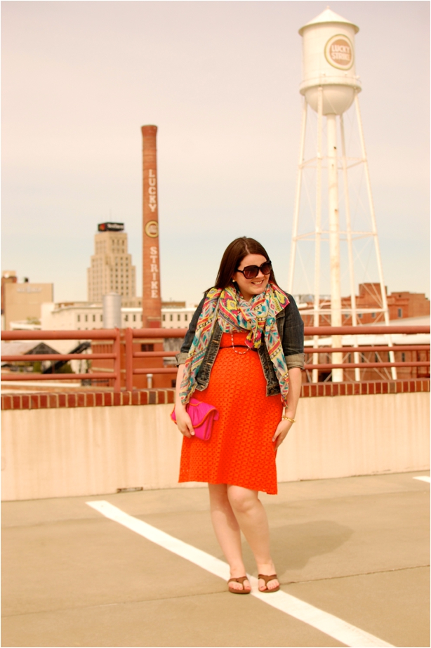 maternity style - orange eyelet dress, denim jacket, aztec print scarf
