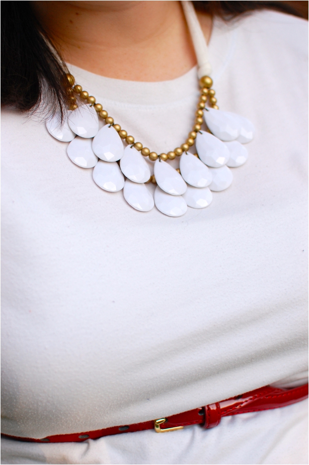 maternity style - red and white cotton chevron skirt, white tee, grey toms, white teardrop bib necklace - North Carolina Fashion Blogger