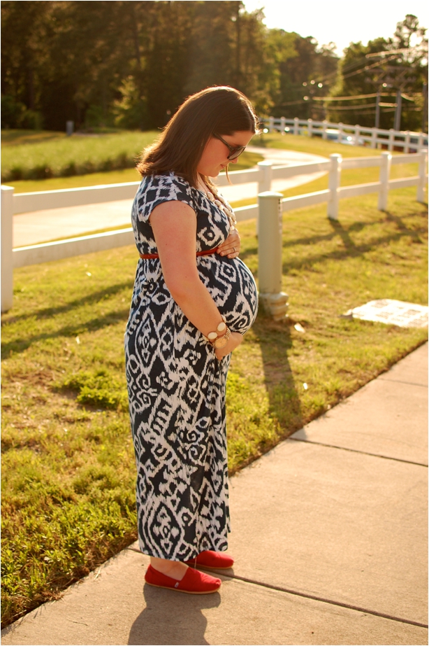 maternity style: navy and white ikat maxi dress, red toms